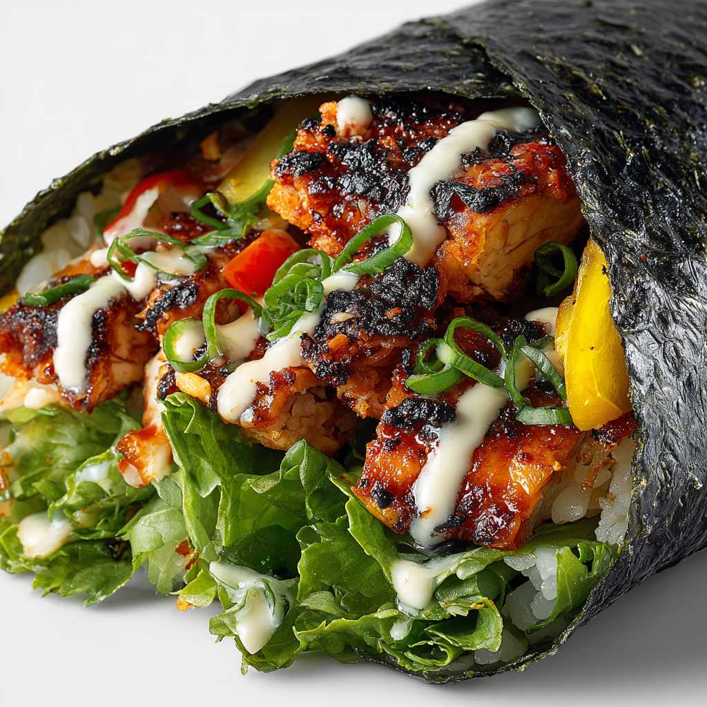 Close-up cross section of Shish Tawook Crunch nori wrap